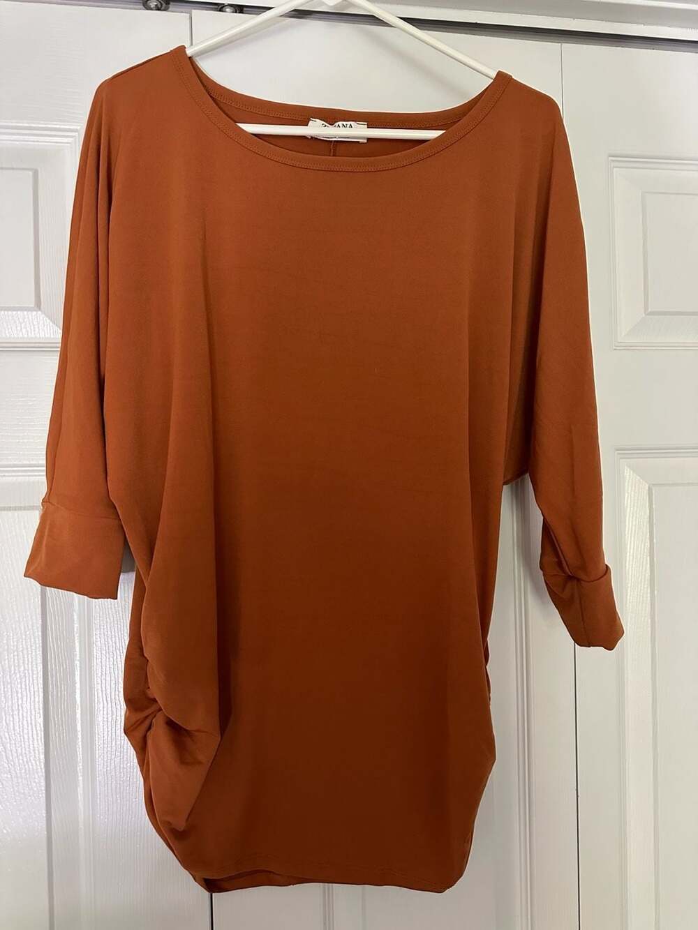 Zenana Blouse Size XL Brown Boat Neck Ruched Side 3/4 Dolman Sleeve Top